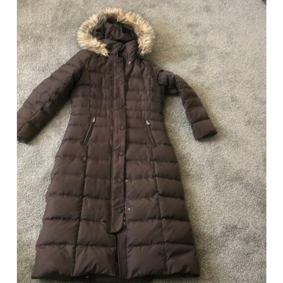 DKNY Hooded Long Down Puffer Coat with Removable Fur Trim in Brown Size M - Picture 1 of 10